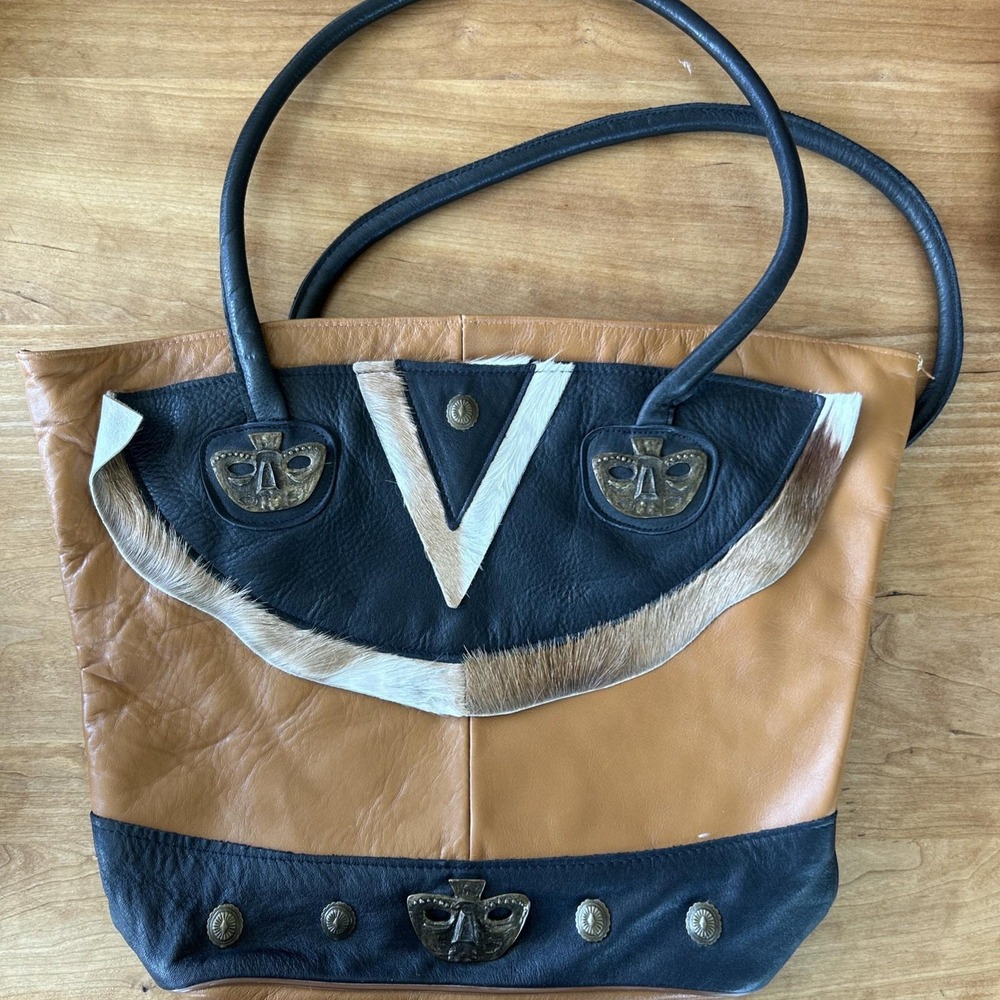 Vintage Artisan Leather Handbag Deerskin Trim Brass Inca Masks Tribal Boho Style